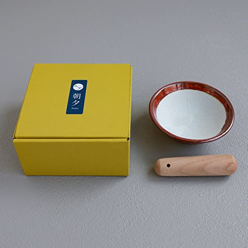 Asayu Japan Ceramic Mortar Bowl 4.29In (109Mm) With Wooden Pestle, Made In Japan Dishwasher And Microwave Safe Ripple Ridge Suribachi And Surikogi Set - Red Mortar And Pestle Set #TOP3