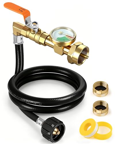 Marvelity Propane Refill Adapter for 1 lb Tanks with 2 Bottle Caps 3FT Brass Hose with Pressure Gauge & ON/Off Valve QCC1/Type1 20lb to 1lb Propane Tank Refill Adapter for Camping Grills