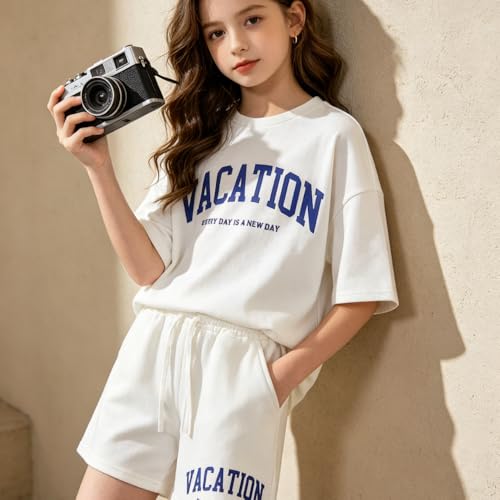 Image of Size 6-12 Years Girl's Tracksuit Sets 2 Piece Outfits Letter Print Vacation Tee Top and Drawstring Waist Shorts