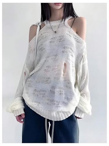 SweatyRocks Women's Hollow Out Sheer Knit Sweater Cold Shoulder Long Sleeve Y2K Pullover Tops4