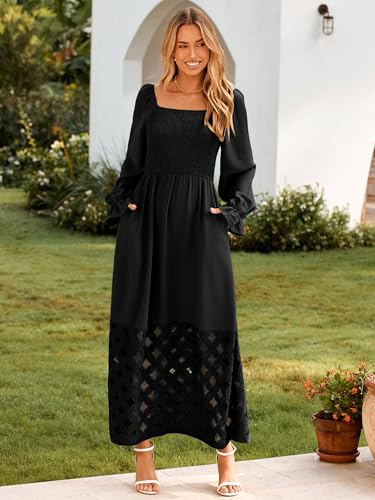 Simplee Women's Boho Flowy Long Sleeve Maxi Dress Square Neck Empire Waist Smocked Swing Wedding Guest Dress4