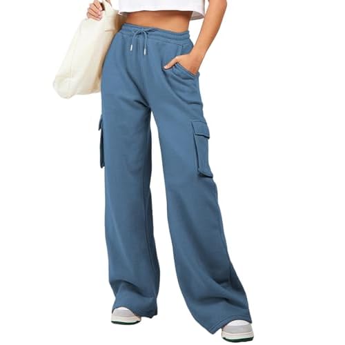 Aleumdr Women High Waisted Drawstring Wide Leg Cargo Pants 2024 Trendy Casual Baggy Joggers Pants with Pockets Small Blue
