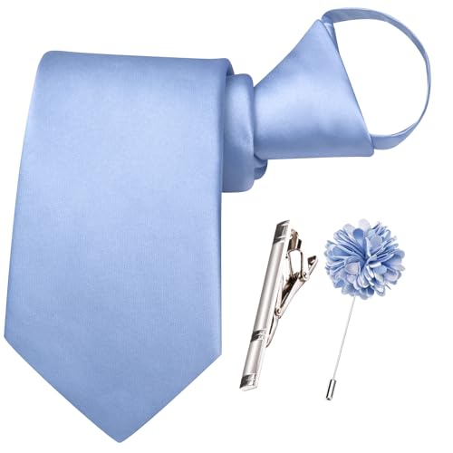 Image of Hi-Tie Pretied Boys Ties Solid Color Kids Adjustable Necktie Lapel Pin Clip Set Age 8-12 Wedding School Graduation