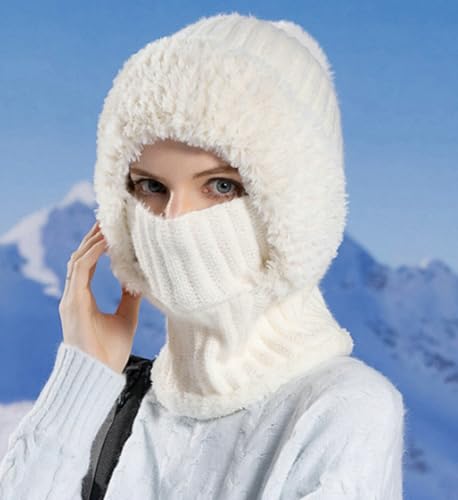 Womens Knit Beanie Hat Fleece Lined Winter Scarf Mask Set Snow Caps Plush Earmuff Skull Hats with Pompom