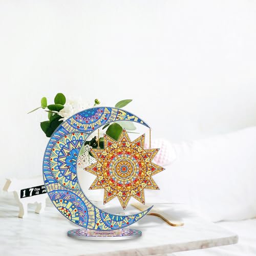 Image of AiYuanzsh Moon and Star Diamond Art Tabletop Ornament, Acrylic Double Sided Diamond Painting Desktop Kit, Mandala DIY Large Diamond Art Kits for Living Room Office Table Decor 26x29.5cm