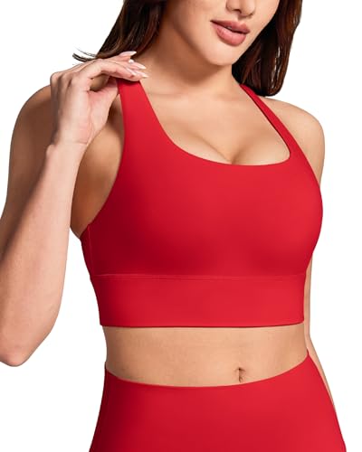 Queenie Ke BareLuxe Sports Bras for Women Padded Strappy Longline Sports Bra Medium Support Criss Cross Yoga Workout Bra Bright Red L
