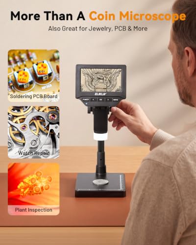 Image of Elikliv Microscope, 4.3'' Digital Coin Magnifier with Lights for Adults | IPS Screen,1080P Resolution, 8'' Stand, Built-in Battery, Great Magnification, Save Photos & Videos, Mac Windows Compatible