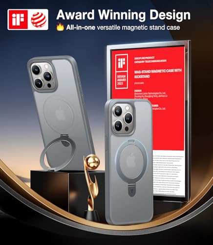 Image of TORRAS Magnetic Stand Designed for iPhone 15 Pro Max Case, [Military Grade Drop Tested][Compatible with MagSafe][Build-in Kickstand] Translucent Slim Anti-Fingerprint, Natural Titanium