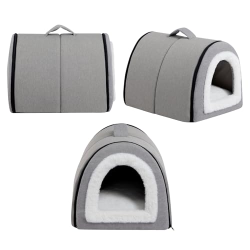 Hollypet Katzenbett Kleiner Hundebett, Haustierbett aus Leinen 2-in-1 Faltbares Katzenhöhle, Warmes Höhlennest für Katzen & Kleine Hunde, Grau