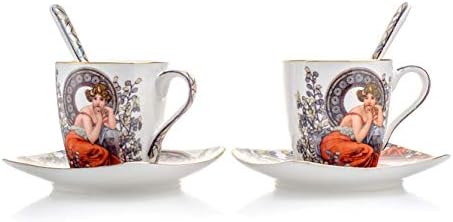 Alphonse Mucha Art 'Topaz' Porcelain Espresso Cup Set (Set of 2) with 2 Spoons, 2 Saucers