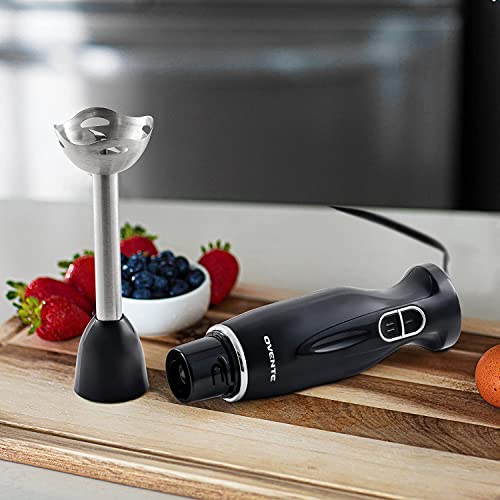 Ovente Electric Immersion Hand Blender 300 Watt 2 Mixing Speed With Stainless Steel Blades, Powerful Portable Easy Control Grip Stick Mixer Perfect For Smoothies, Puree Baby Food & Soup, Black Hs560B #TOP6