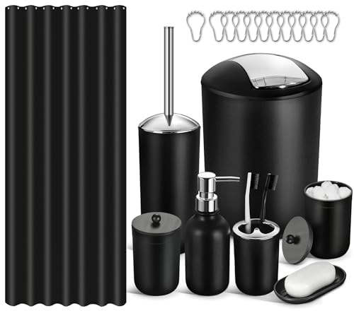 ALPIRIRAL Bathroom Set 20Pcs Bathroom Shower Curtain Sets with Hooks Black Bathroom Accessories Set with Trash Can Bathroom Accessories Sets Complete with Shower Curtain Set Bathroom Accessory Set