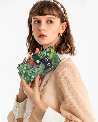 Image of Cat Floral Women's Wallet,Thin RFID Card Holder with Zipper Pocket