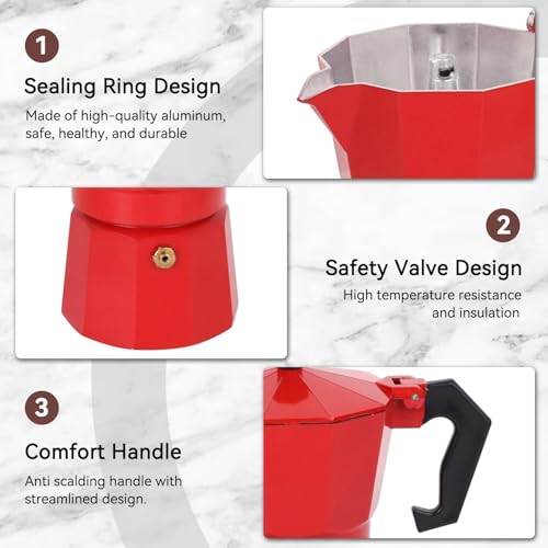 Image of 3D CREATIONS Alluminium Italian Style Stovetop Coffee Maker Moka Pot espresso Coffee percolator 6 cups of Coffee (Red, 300 ml)