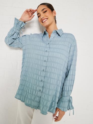 Image of Styli Women Oversized Long Length Textured Shirt | Stylish Casual Shirt for Women | Comfortable Tops | Perfect for Office, Travel & Daily Outfits