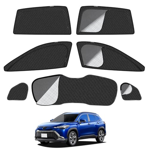 カローラ クロス 10系 車種専用設計 メッシュカーテン 2in1 サンシェード 断熱 日除け 換気 corolla cross ZSG10 ZVG11 ZVG13 ZVG15 ZVG16 MXGA10 全車窓 カーテン 虫避け プライバシー保護 カーシェード マグネット サイド用 通風 UVカット バックドア用 車中泊 7枚 001（Amazon）
