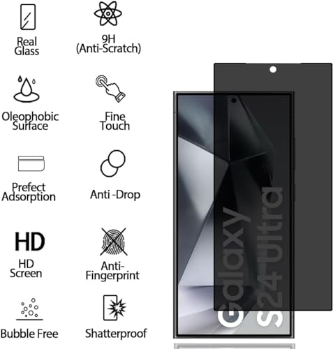 Image of ZARALA Privacy Screen Protector for Samsung Galaxy S24 Ultra [1 Pack],Anti-Spy Tempered Glass Film,Fingerprint Recognition,9H Hardness,Anti Scratch,Anti-Spy Screen Protector
