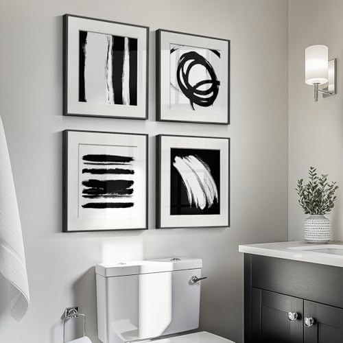 4 Piece Framed Abstract Minimalist Wall Art Sets, Black and