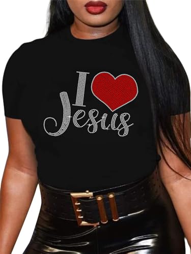 I Love Jesus Shirts Jesus Christian Rhinestone Bling Women Short Sleeve Graphic Tops Black 3XL