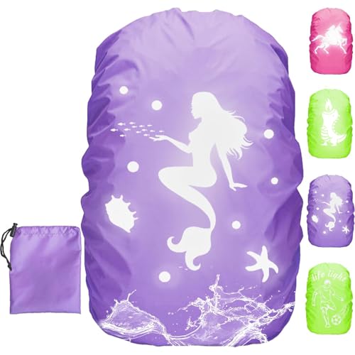 Housse Sac à Dos Imperméable, 30-40L Sirène Protection sac à dos pluie Réfléchissante avec élastique et Sac de Rangement, Violet Protege sac a Pluie pour Enfant fille Vélo nocturne Camping Voyage