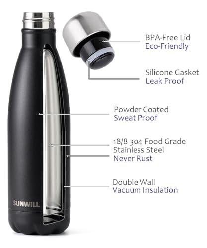 SUNWILL Metal Water Bottle Stainless Steel 500ml, Insulated Reusable Thermal Flask for Cold and Hot Drink, Travel, Sports, Gym - Image 3