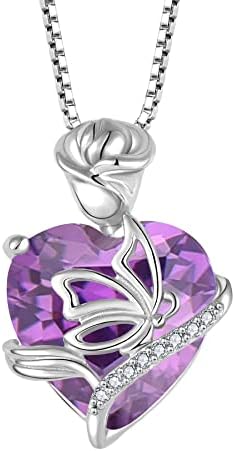 FJ Birthstone Necklace for Women 925 Sterling Silver Butterfly Pendant Rose Flower Necklace Jewellery Gifts for Women Mom Wife Girls Her