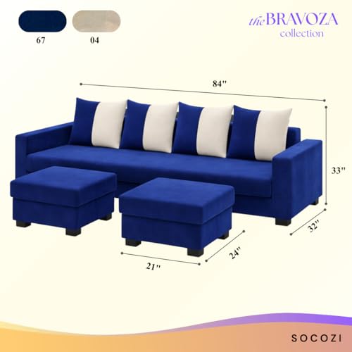 Image of SOCOZI Braviza 6 Seater L Shape Sofa Set with 2 Movable Ottomans | Flexible Layout | Soft Velvet Suede Fabric | Modern Design | Plush Comfort Cushions for Living Room (Dark Blue-Cream)