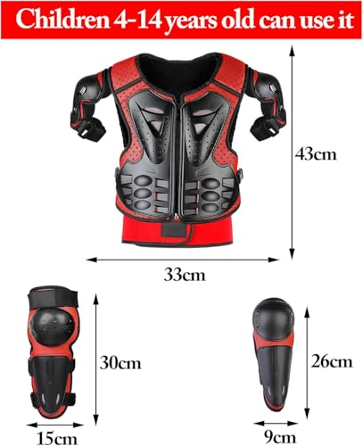 Fansport 5 Stück Motorrad Schutz Jacke,Kinder Motorrad rüstung mit Knieschoner Ellbogenschoner Brustpanzer Racing,für Outdoor Sport - 4/6/8/10/12/14 Jahre (Rot)