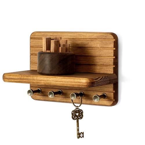 Rebee Vision(リービービジョン) 小型キーホルダー 壁掛け式 ホームデコレーション用 – 装飾用7インチパイン木製キーホルダー 壁用 フック4個&ミニフローティングシェルフ付き - モダンなファームハウスホームオーガナイザー (ライトブラウン)