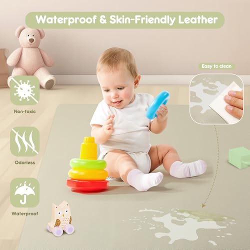 PIIKAGO Padded Baby Play Mat, Super Soft Vegan Leather Baby Floor Play Mat, 48x48 Non-Slip Thick Foam Cushioned Play Mat for Babies 6-12 Months, Fits Nicely Into 50x50 Playpen Mat, Grayish Green - Thumbnail 3