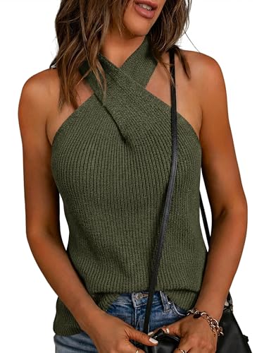 LaGracia Women's Halter Criss Cross Crochet Tops Knit Sleeveless Sweater for Women Tank Trendy Elegant Spring Summer Outfits 2026 ArmyGreen S