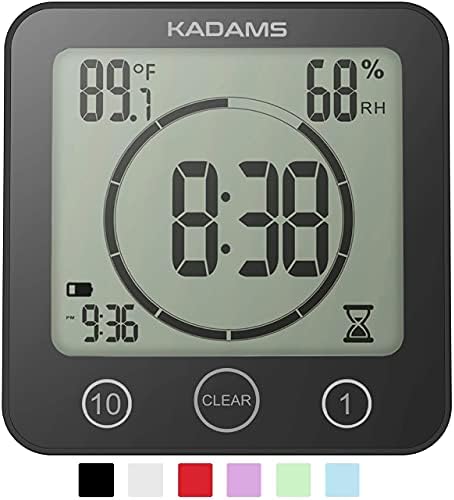 KADAMS Digital Bathroom Shower Kitchen Wall Clock Timer with Alarm, Waterproof for Water Spray, Touch Screen Timer, Temperature Humidity, Suction Cup Hanging Hole Stand (Black)