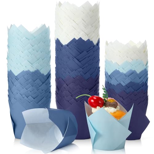 Havawish 500 Pcs Jumbo Gradient Blue Tulip Cupcake Liners, Party Cupcake Baking Liners Greaseproof Wrappers Muffin Liner Holders for Wedding Birthday Baby Shower Holiday Party Baking Cups