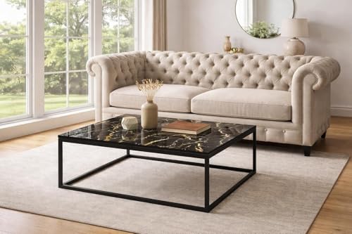 Welltrade Handmade Square 24"x24" Coffee Table/Nesting Table/Side Table/Center Table with Marble Finish Top for Living Room/Drawing Room (Black & Black)