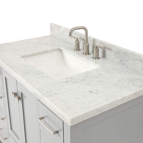 Ariel 43" Inch Grey Bathroom Vanity W/ 1.5" Edge Italian Carrara Marble Countertop & Backsplash | Rectangular Sink | 2 Soft Closing Doors And 9 Full Extension Dovetail Drawers | Satin Nickel Pulls #TOP7