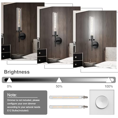 Image of Black Wall Sconces Set of 2, 19.5 inch Knurled Matte Black Bathroom Vanity Light Fixture with Clear Glass Tube, Modern Industrial Wall Lamp for Bathroom Mirror Bedroom Living Room Hallway Stairs