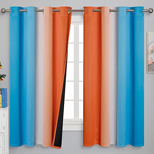 Image of Estelar Textiler Ombre Orange and Blue Curtains 63 Inch Length 2 Panels, Total Blackout Curtains for Bedroom, Grommet Thermal Insulated Gradient Drapes, Full Light Blocking for Boys Room, 52x63 Inch