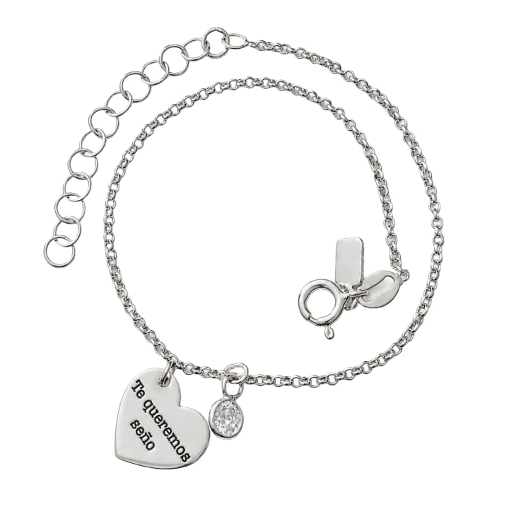 Minoplata Pulsera de Plata de Ley 925 para Maestra, Corazón Grabado 'Te Queremos Seño' con Circonita, 17 cm