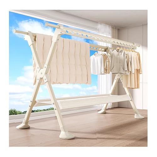 Tendedero Plegable de Alta Resistencia - Aluminio, Altura/Longitud Ajustable, Ganchos a Prueba de Viento, Uso en Interior, Ahorra Espacio y Autoportante,White~b,150~240cm
