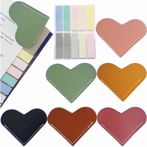 Leather Heart Bookmarks, Tuuiimo 6 PCS Laser Engraving Materials, Cute Book Marks with 200 PCS Sticky Tabs for Book Lovers Gifts, Laser Engraving, Teachers, Book Clubs, Women, Students, Family, Friend