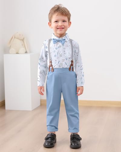 Image of YALLET Toddler Baby Boy Clothes Suit Gentleman Wedding Outfits Formal Dress Shirt+Bowtie+Suspender Pants