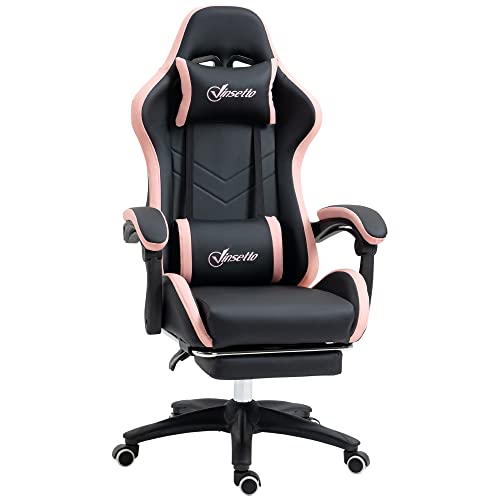 Vinsetto Sedia da Gaming Ergonomica in Pelle PU e Acciaio con Poggiatesta e Altezza Regolabile, Poltrona Gaming con Schienale Reclinabile e Cuscino Lombare, 65x65x121-129 cm, Nero e Rosa