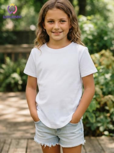 Image of WELAKEN Girls Soft T-Shirt with Curved Hem, Breathable Stretchy Rayon Crewneck Short Sleeve Tees, Kids Everyday Basic Top