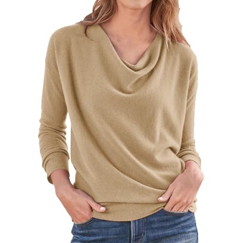 Suéter de cuello drapeado para mujer, casual, manga larga, térmica, tipo túnica, ajuste delgado, suéter de cachemira, vintage, otoño, ajuste holgado, color sólido, para salir, suave y cómodo, caqui, L