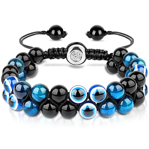 Image of Evil Eye Bracelet for Men Women - Triple Protection Bracelet - Tiger Eye and Black Obsidian Chakra Energy Healing Bracelet - 8mm Beads Good Luck Prosperity and Happiness Crystal Jewelry Stone