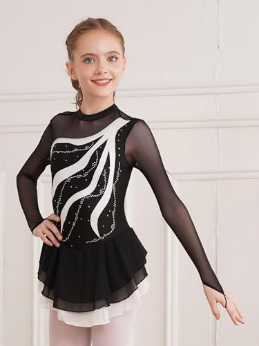 Foto von iEFiEL Mädchen Eiskunstlauf Kleid Langarm Glitzer Ballettkleid Swing Kleid Schaukel Tanzkleid Turnanzug Kinder Tanzkostüme Za Weiß 128