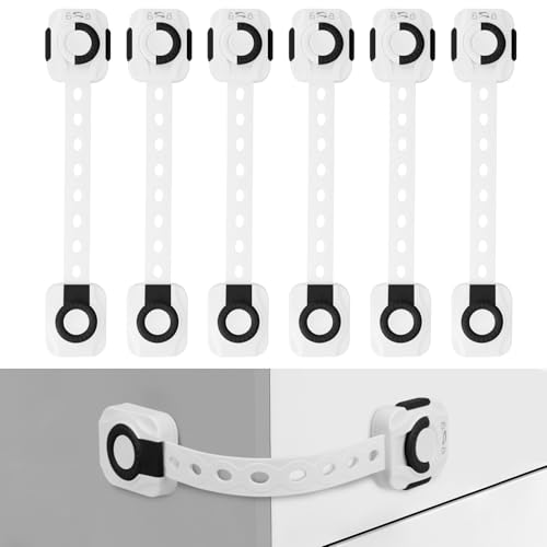 FYY Child Safety Cabinet Locks - Baby Proofing Child Safety Locks Strap, (6-Pack) 3M Adhesive Adjustable Door Latches for Cabinets and Drawers, Multi-Purpose for Furniture Toilet Seats Ovens, Black