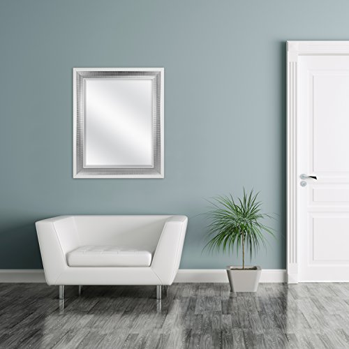 Image of MCS 28.5x34.5 Large Wall Mirror, White Frame with Woven Silver Detail & Beveled Detail Mirror, Vertical & Horizontal Wall Hanging Mirror for Bathroom, Bedroom & Livingroom