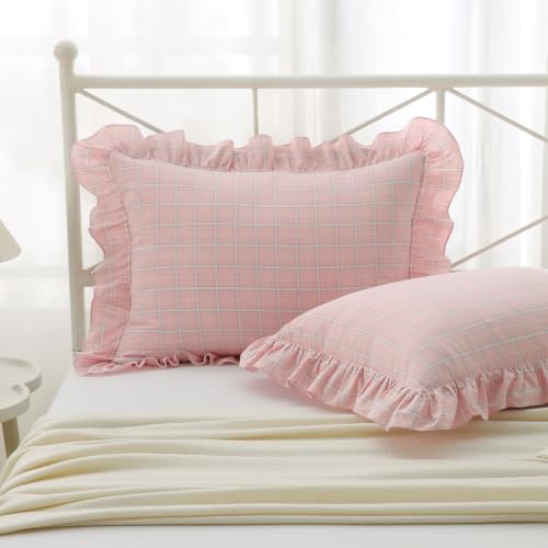 Mywinlle 2 Pack Blush Pink Plaid Ruffle Standard Size Pillow Shams -20"x26"