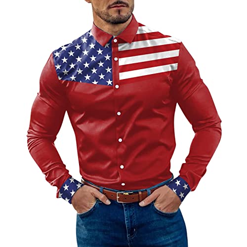 Mens Fashion Casual Striped Color Block Patchwork Drapeau Américain Bouton Manchette Chemise À Manches Longues Chemise Homme Blanc Cover